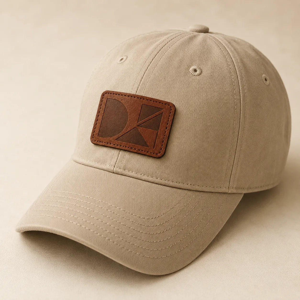 Laser engraved leather patch sewn onto plain neutral baseball cap