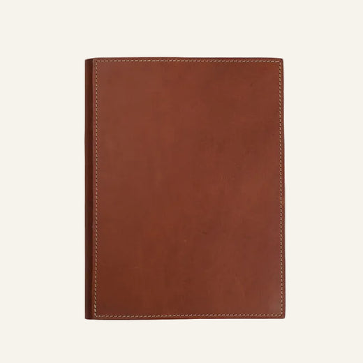 Front view of brown genuine leather refillable book cover with contrast stitching