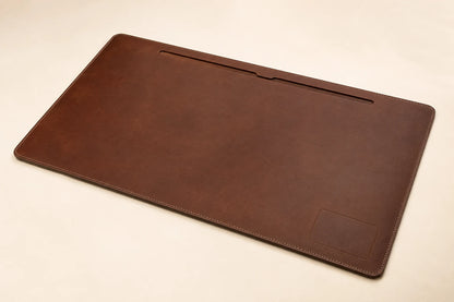 Brown leather desk mat with cable management slot for wholesale OEM customization
