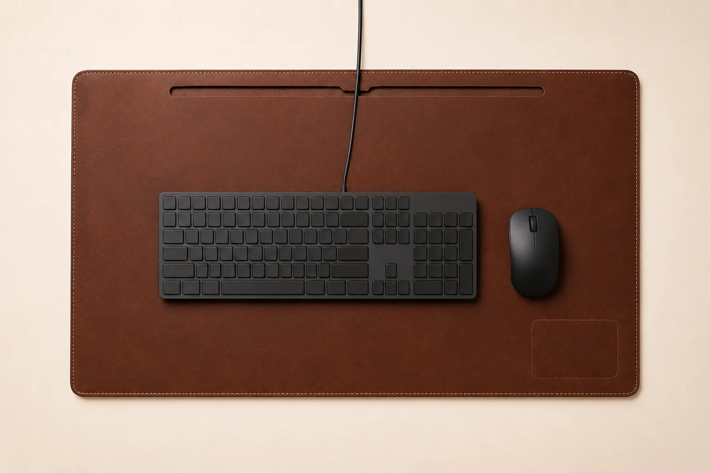 Top-down view of leather desk mat with keyboard mouse and cable passing through slot