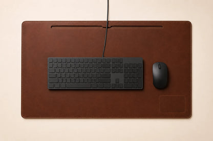 Top-down view of leather desk mat with keyboard mouse and cable passing through slot