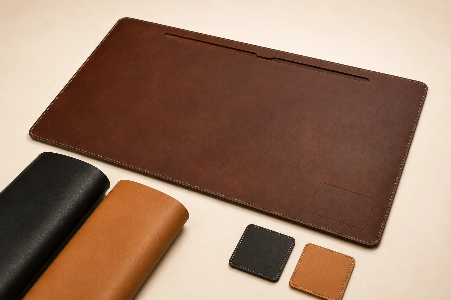 Leather desk mat with cable slot color swatches for private label office accessory orders