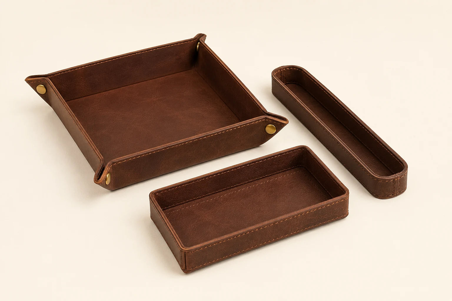 Brown leather desk organizer tray set for wholesale OEM office accessory production