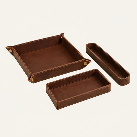 Brown leather desk organizer tray set for wholesale OEM office accessory production