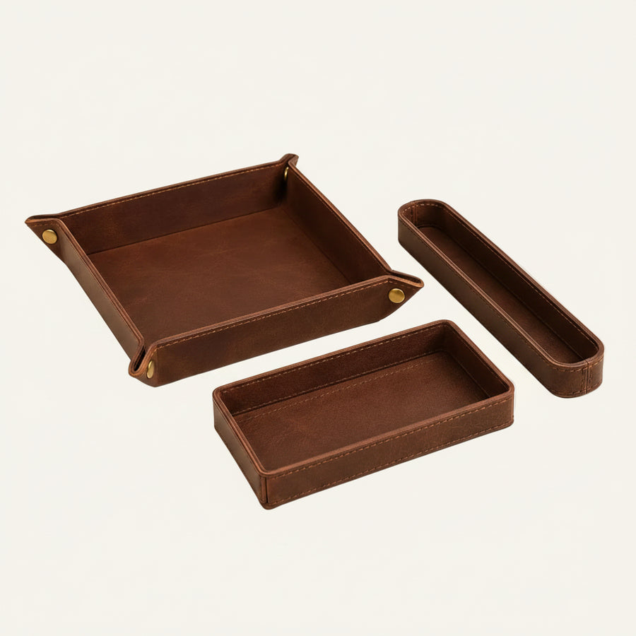 Brown leather desk organizer tray set for wholesale OEM office accessory production