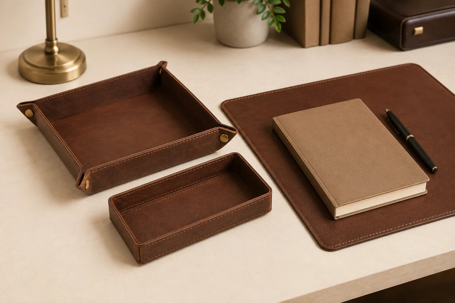 Leather desk organizer tray set arranged with notebook and pen on executive desk