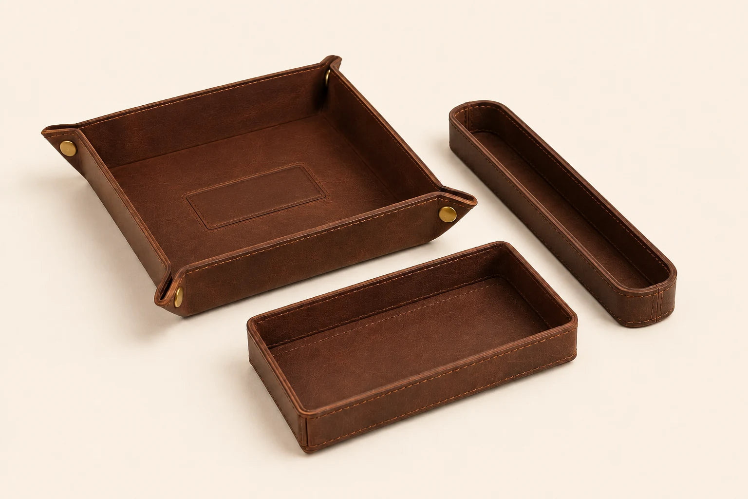 Blank logo area on leather desk organizer tray for private label customization
