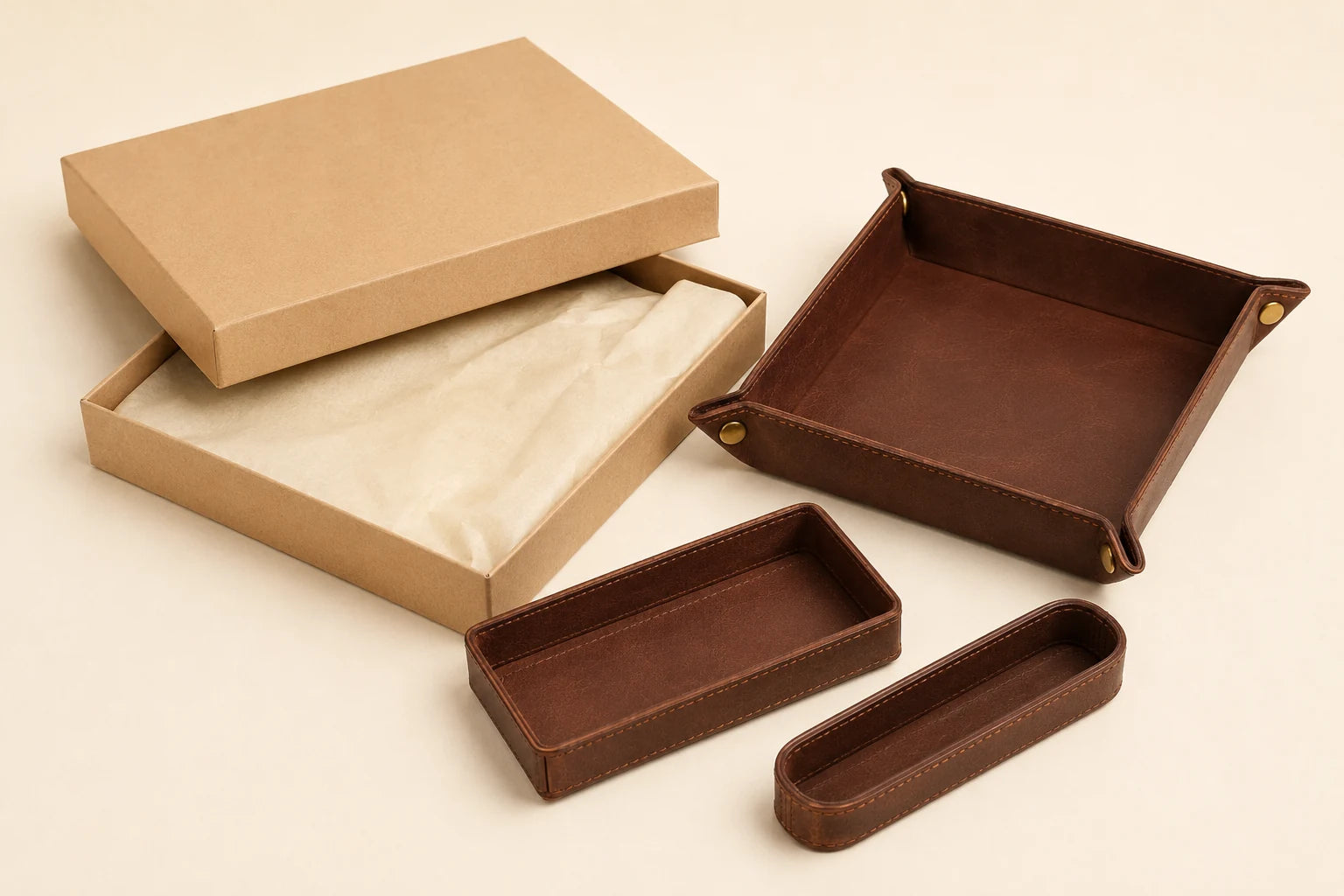 Leather desk organizer tray set with plain packaging for wholesale corporate gifts