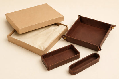 Leather desk organizer tray set with plain packaging for wholesale corporate gifts