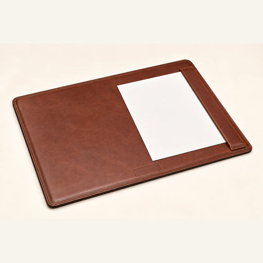 Cognac leather desk pad with low-profile side paper-retaining rail for OEM production