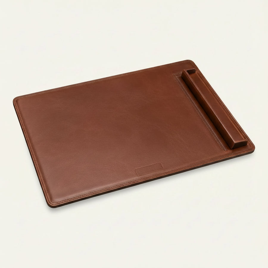 Brown leather desk pad with side paper rail for wholesale OEM production