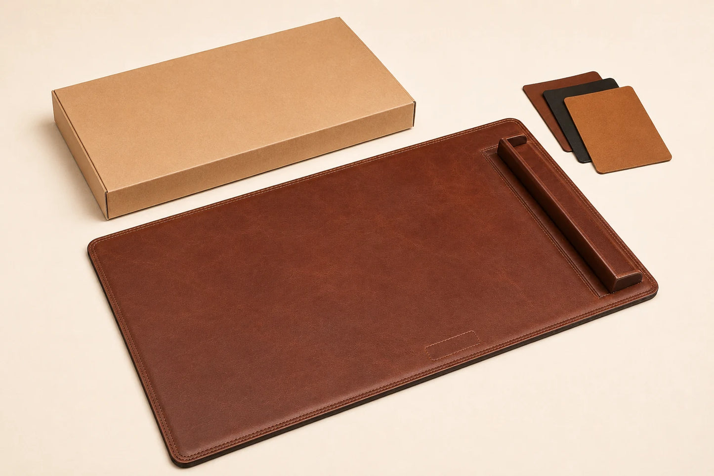 Leather desk pad with side paper rail and plain packaging for private label orders