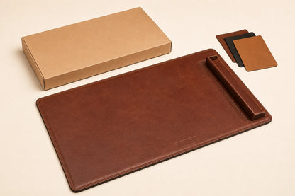 Leather desk pad with side paper rail and plain packaging for private label orders