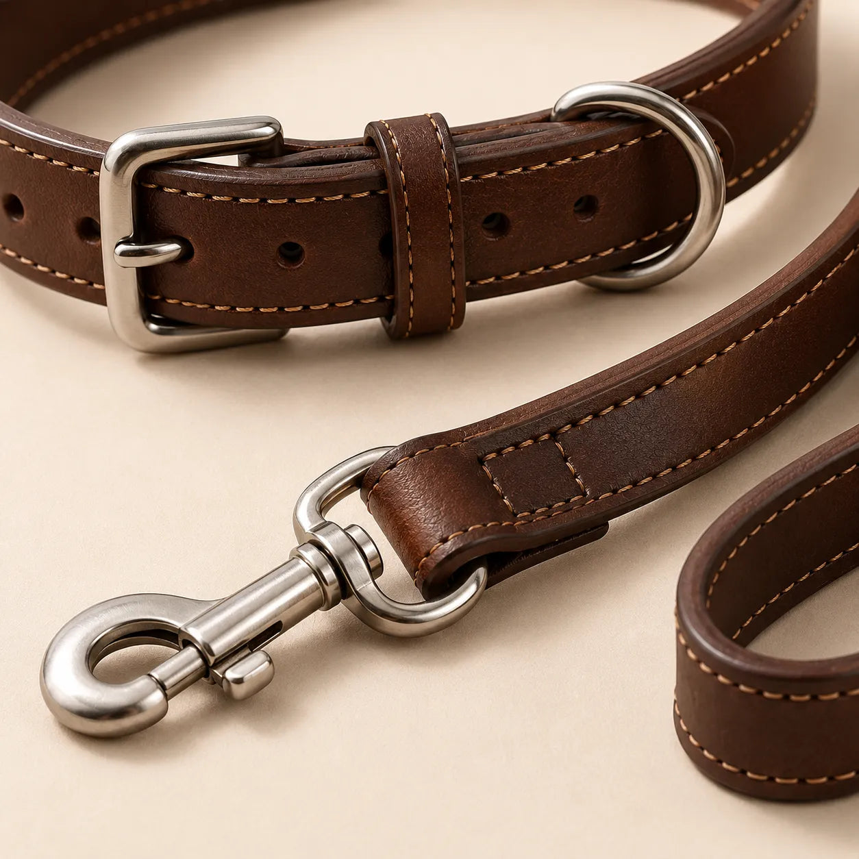 Collar buckle D-ring and leash swivel clasp detail for leather pet set