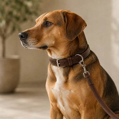 Dog wearing leather collar with matching leash concept sample