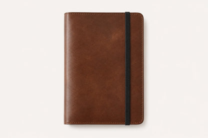 Brown leather journal cover with black elastic band closure for wholesale OEM orders