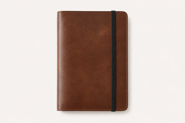 Brown leather journal cover with black elastic band closure for wholesale OEM orders