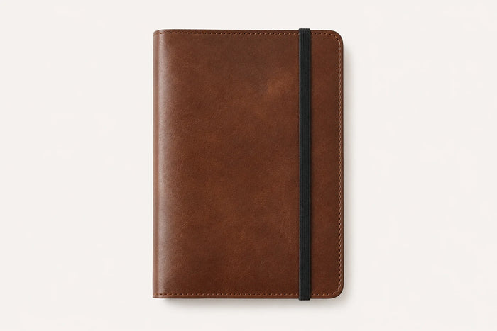 Brown leather journal cover with black elastic band closure for wholesale OEM orders