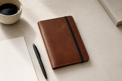 Leather journal cover with elastic band on neutral office desk