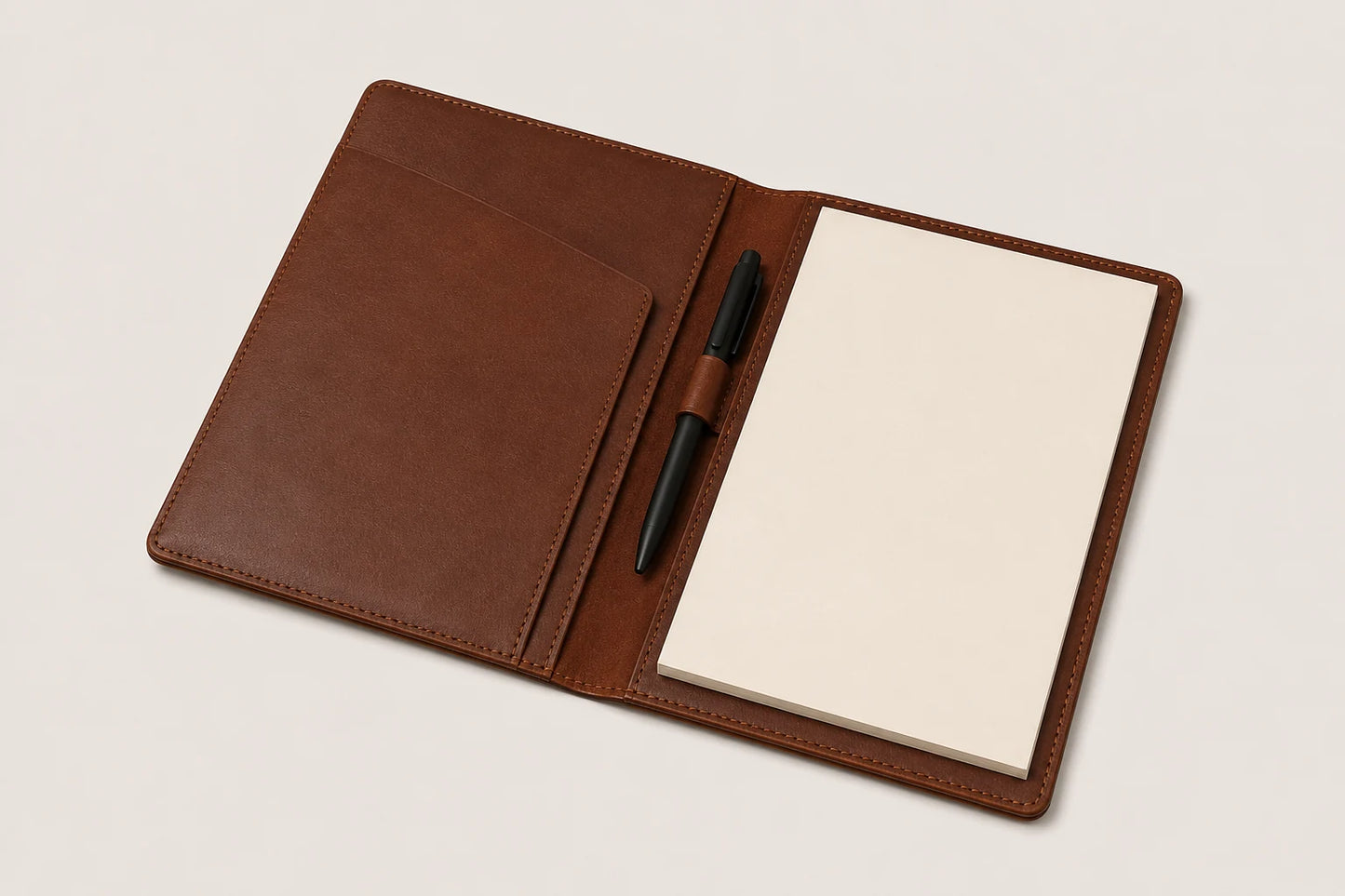 Open leather meeting portfolio with blank notepad insert document sleeve and pen loop