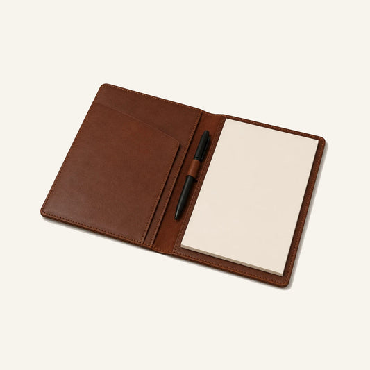 Open leather meeting portfolio with blank notepad insert document sleeve and pen loop