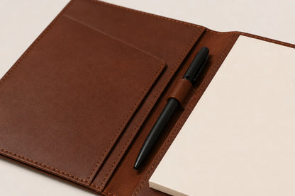 Blank logo debossing area on brown leather meeting portfolio cover