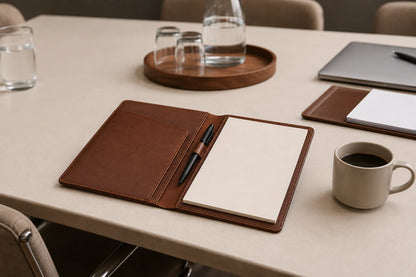 Leather meeting portfolio folder on neutral conference table