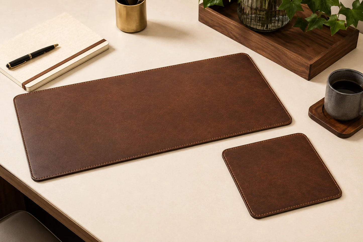 Leather mouse pad and keyboard mat set in premium desk workspace scene