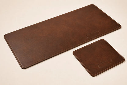Blank logo customization area on matching leather desk accessory set