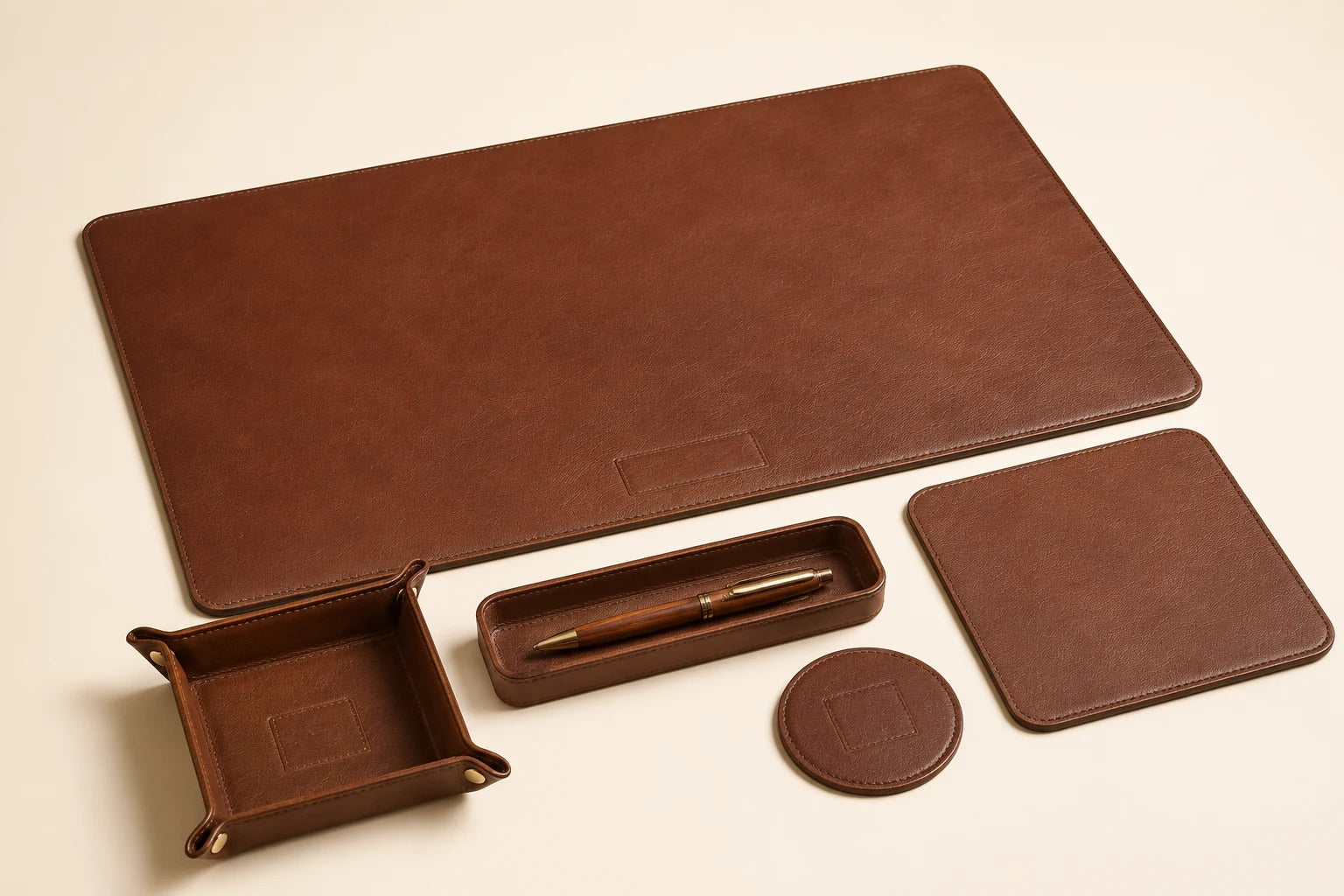 Brown leather office desk set with desk mat and accessories for wholesale OEM production