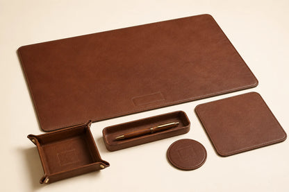 Brown leather office desk set with desk mat and accessories for wholesale OEM production