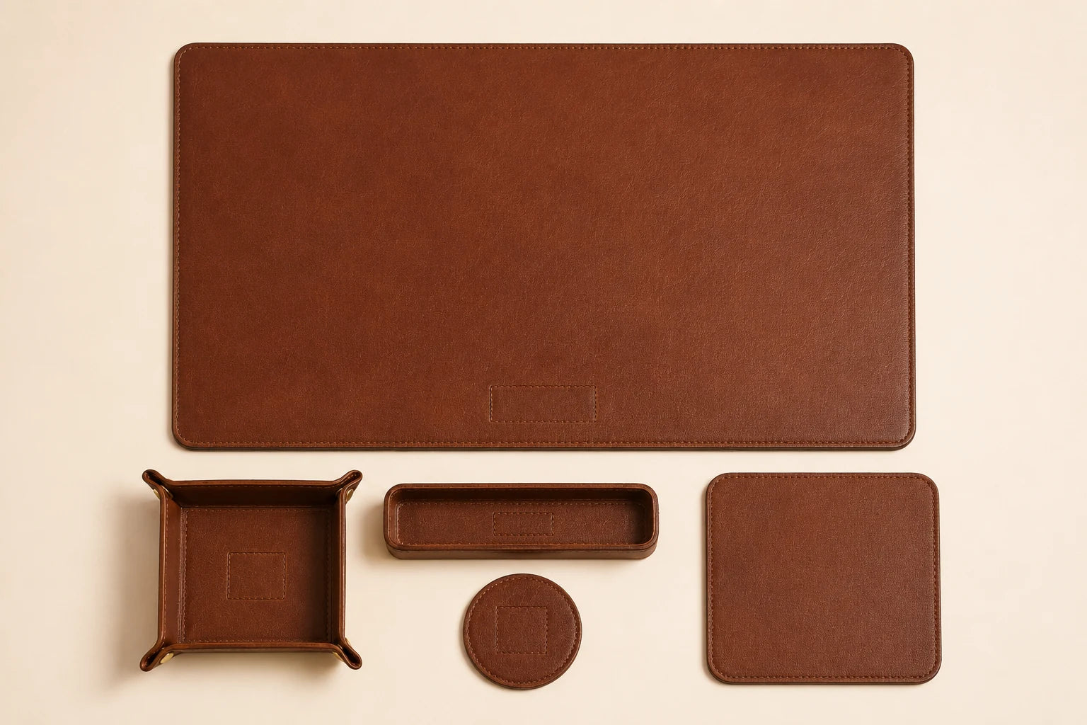 Top-down view of leather desk mat mouse pad coaster tray and pen holder set