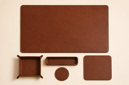 Top-down view of leather desk mat mouse pad coaster tray and pen holder set