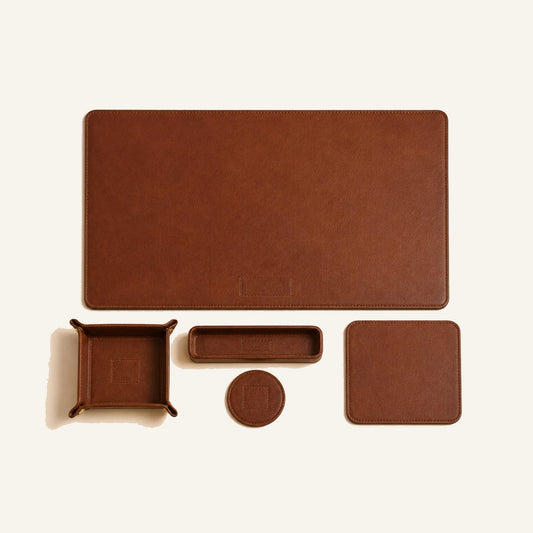 Top-down view of leather desk mat mouse pad coaster tray and pen holder set