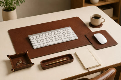 Leather office desk set arranged in executive workspace with generic keyboard and mouse