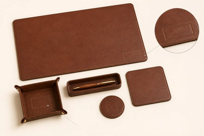 Blank logo areas on leather office desk set for private label customization