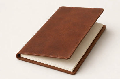 Angled leather menu notebook cover with blank cream paper insert