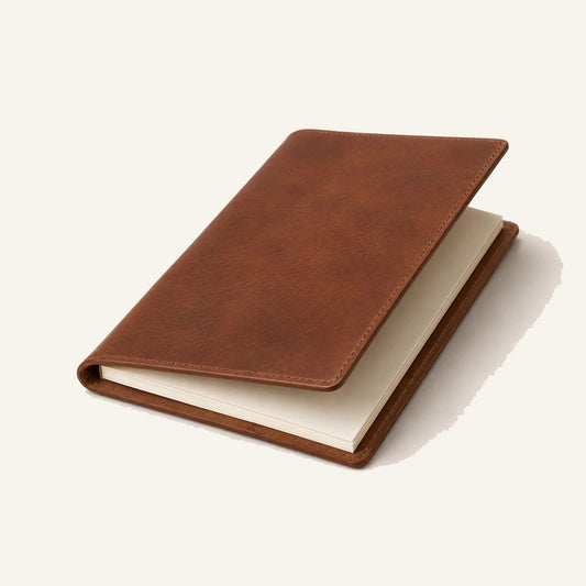 Angled leather menu notebook cover with blank cream paper insert