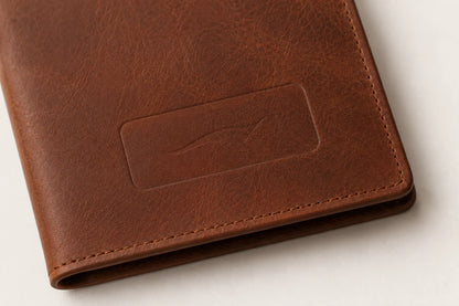 Blank debossing area on leather recipe journal cover for hospitality logo