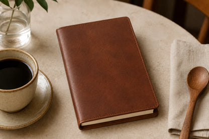 Leather recipe journal on neutral cafe table without readable text