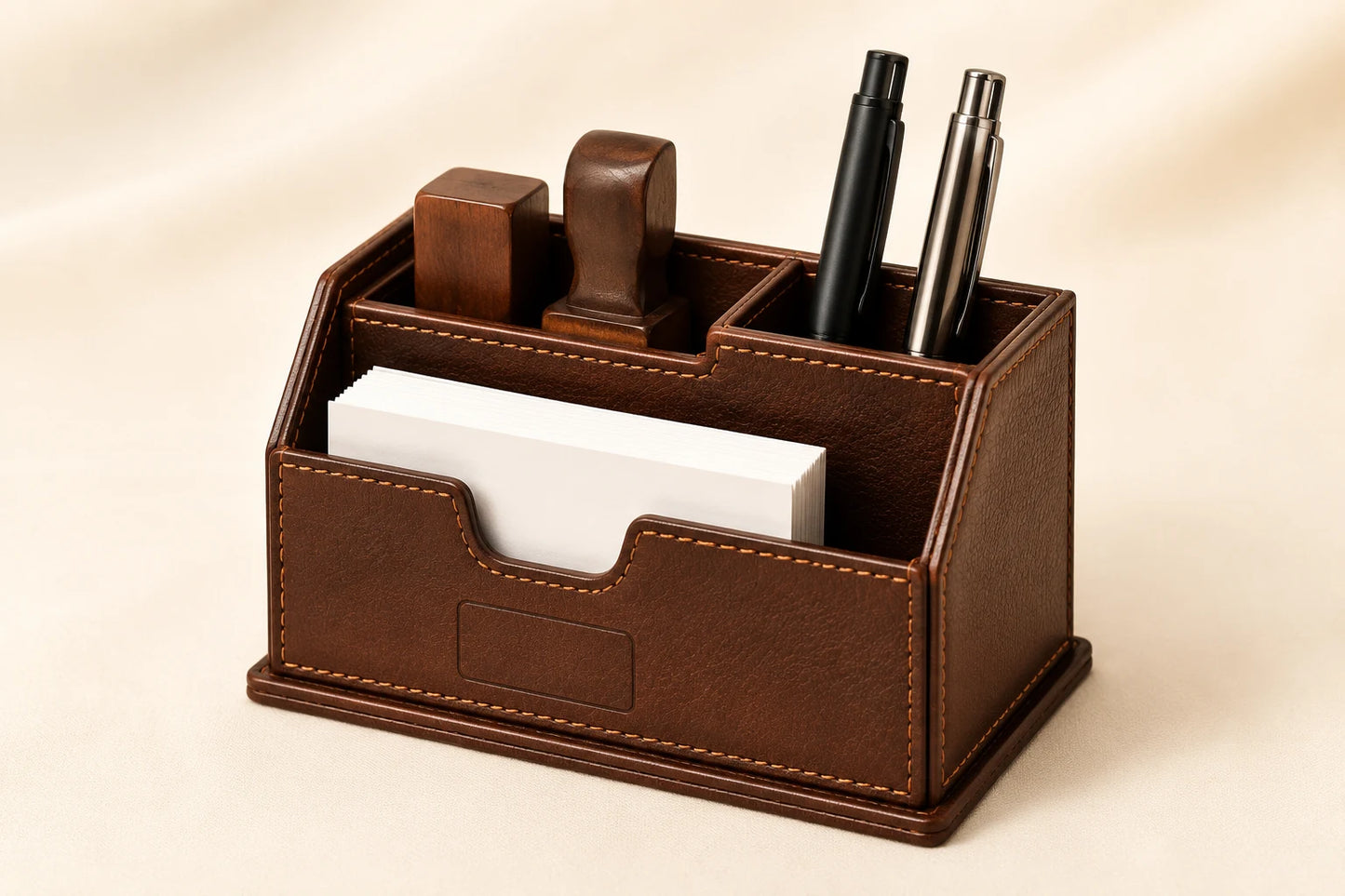 Brown leather stamp holder and business card desk organizer for wholesale OEM production