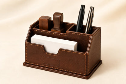 Brown leather stamp holder and business card desk organizer for wholesale OEM production