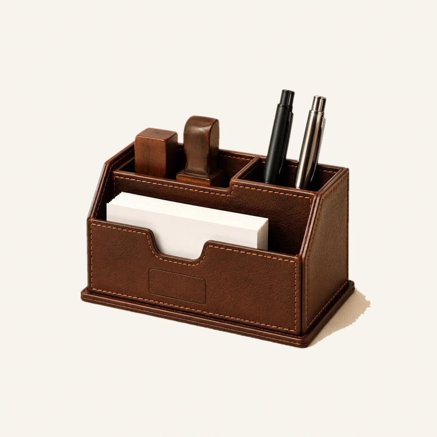 Leather Stamp Holder and Business Card Desk Organizer (Wholesale/OEM Manufacturer) - #F6F3ED square main image