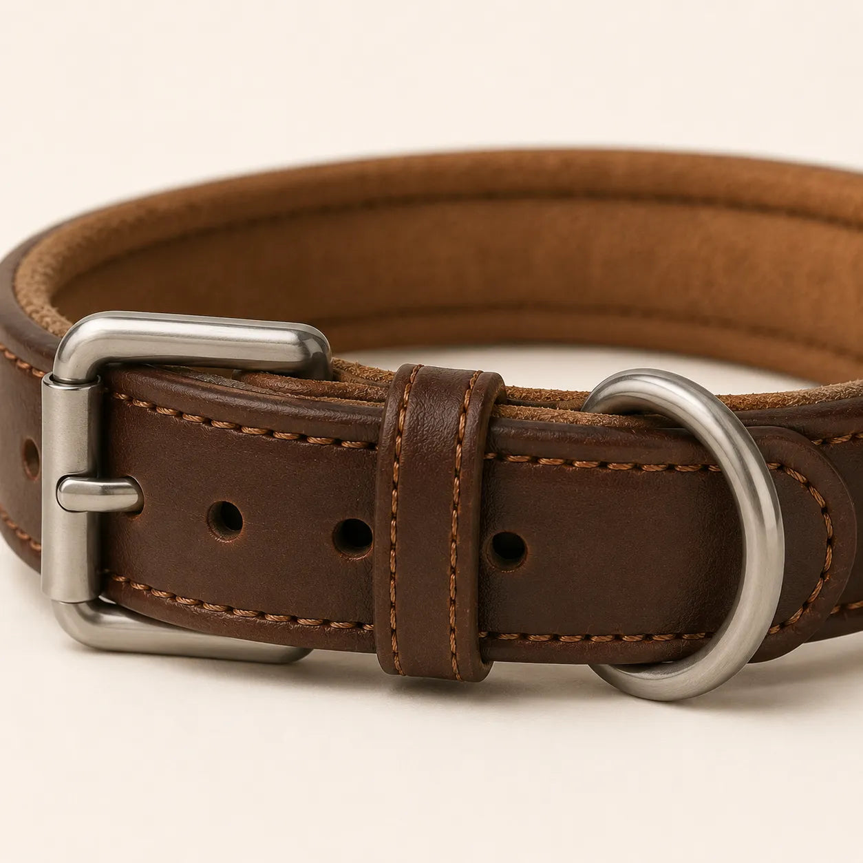 Buckle D-ring stitching and edge detail on padded leather dog collar