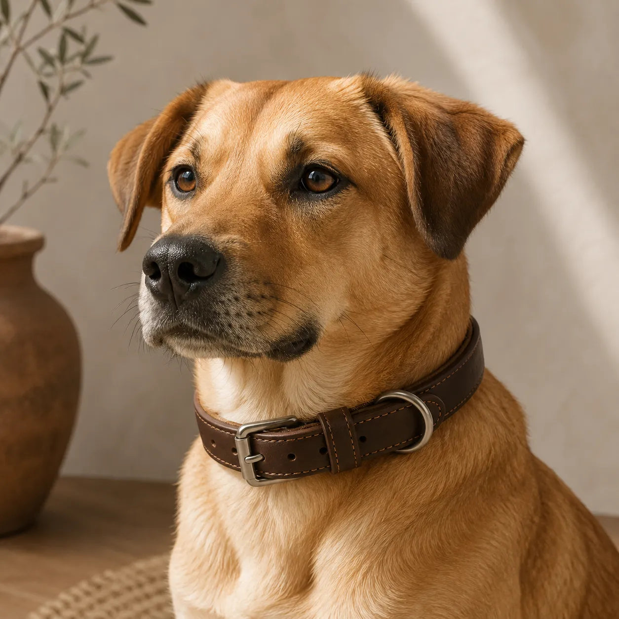 Dog wearing padded brown leather collar comfort concept sample