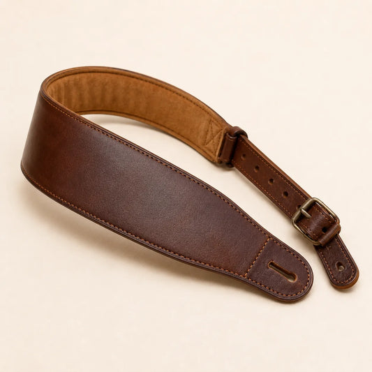 Angled view of padded leather guitar strap with soft inner lining