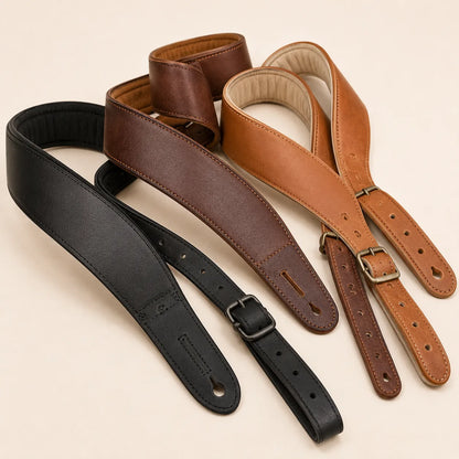Padded leather guitar strap color lining and width options for wholesale buyers