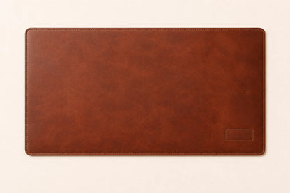 Top-down view of personalized leather desk mat with stitched border and rounded corners