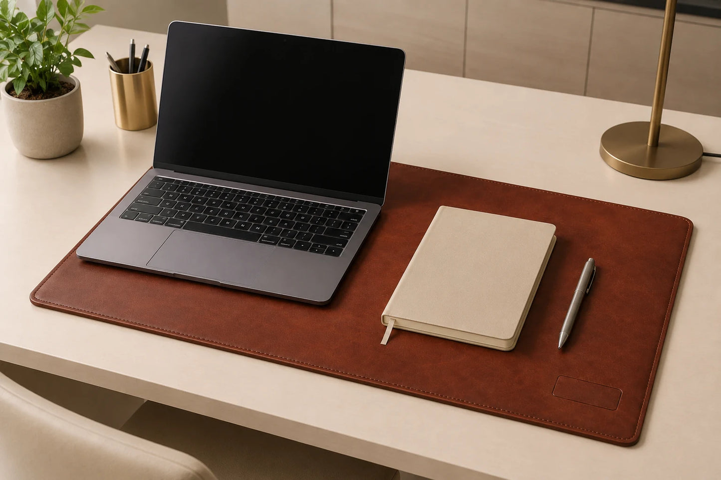 Personalized leather desk mat in office setup with generic laptop notebook and pen