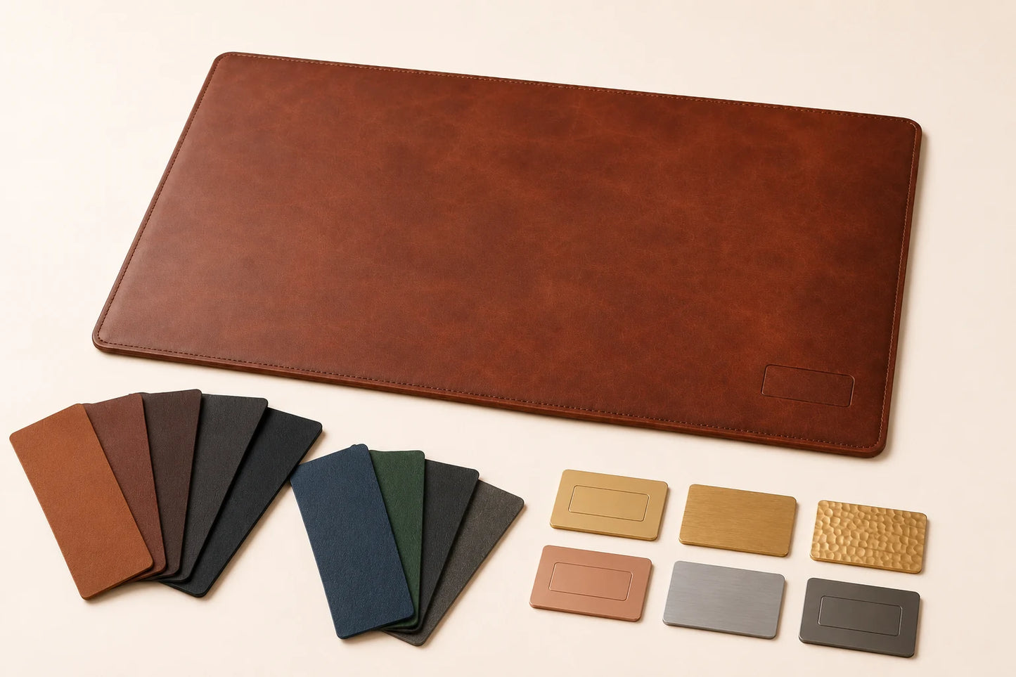 Leather desk mat customization swatches and blank logo blocks for private label orders